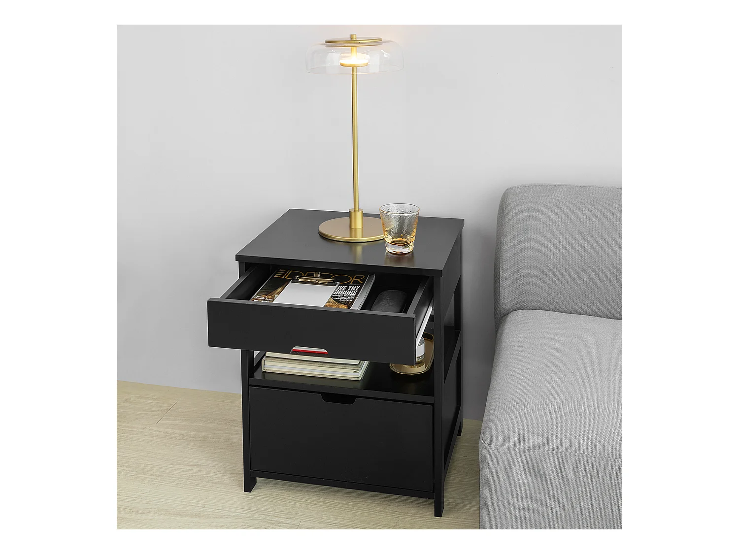 Table de Chevet Bout de Canapé Table d'Appoint avec 2 tiroirs et 1 étagère de Rangement, FRG258-SCH