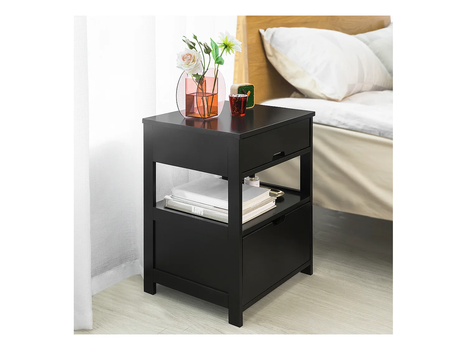 Table de Chevet Bout de Canapé Table d'Appoint avec 2 tiroirs et 1 étagère de Rangement, FRG258-SCH