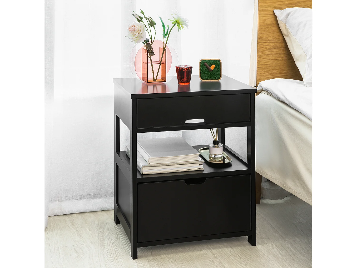 Table de Chevet Bout de Canapé Table d'Appoint avec 2 tiroirs et 1 étagère de Rangement, FRG258-SCH