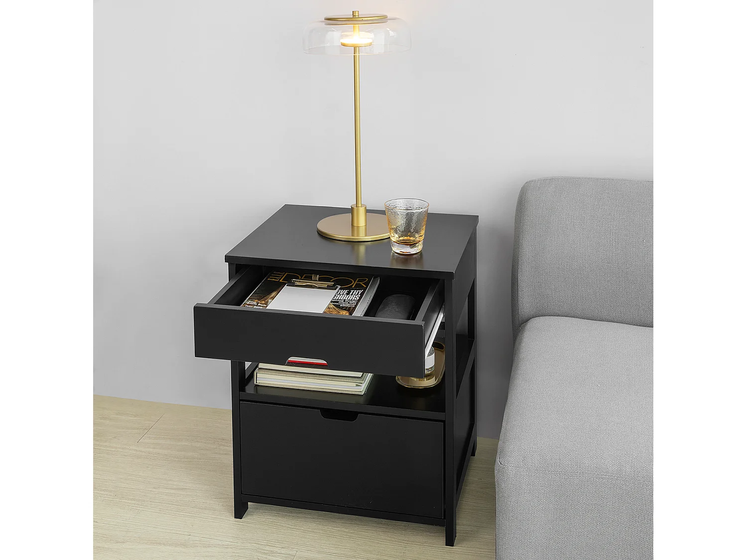 Table de Chevet Bout de Canapé Table d'Appoint avec 2 tiroirs et 1 étagère de Rangement, FRG258-SCH