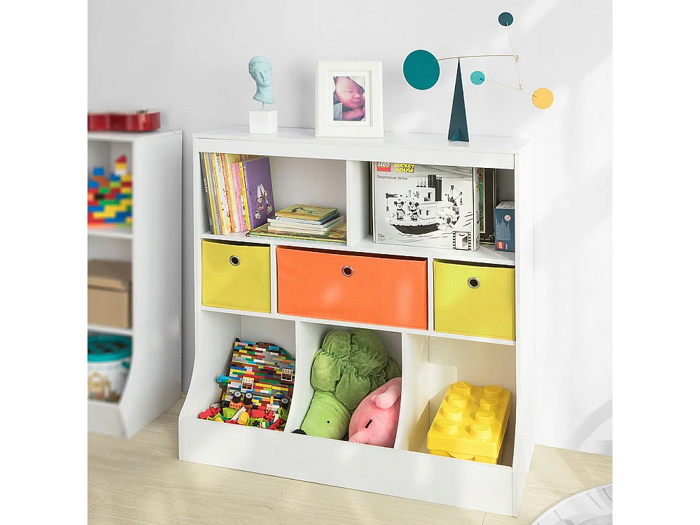 SoBuy KMB26-W Kinderboekenkast Kinderplank met 5 Opbergvakken en 3 Stoffen Dozen Speelgoedplank Ppbergplank voor Kinderen Speelgoed Organizer Wit