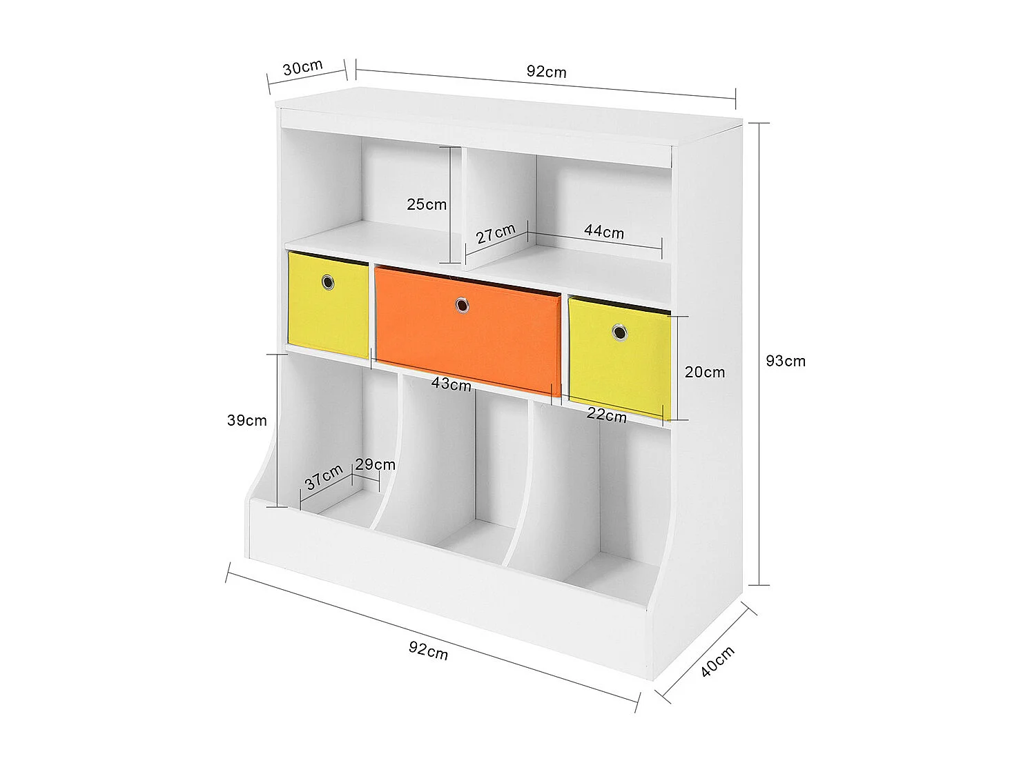 SoBuy KMB26-W Kinderboekenkast Kinderplank met 5 Opbergvakken en 3 Stoffen Dozen Speelgoedplank Ppbergplank voor Kinderen Speelgoed Organizer Wit