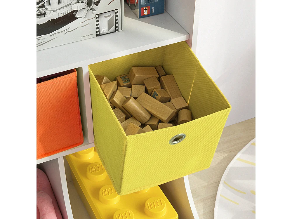 SoBuy KMB26-W Kinderboekenkast Kinderplank met 5 Opbergvakken en 3 Stoffen Dozen Speelgoedplank Ppbergplank voor Kinderen Speelgoed Organizer Wit