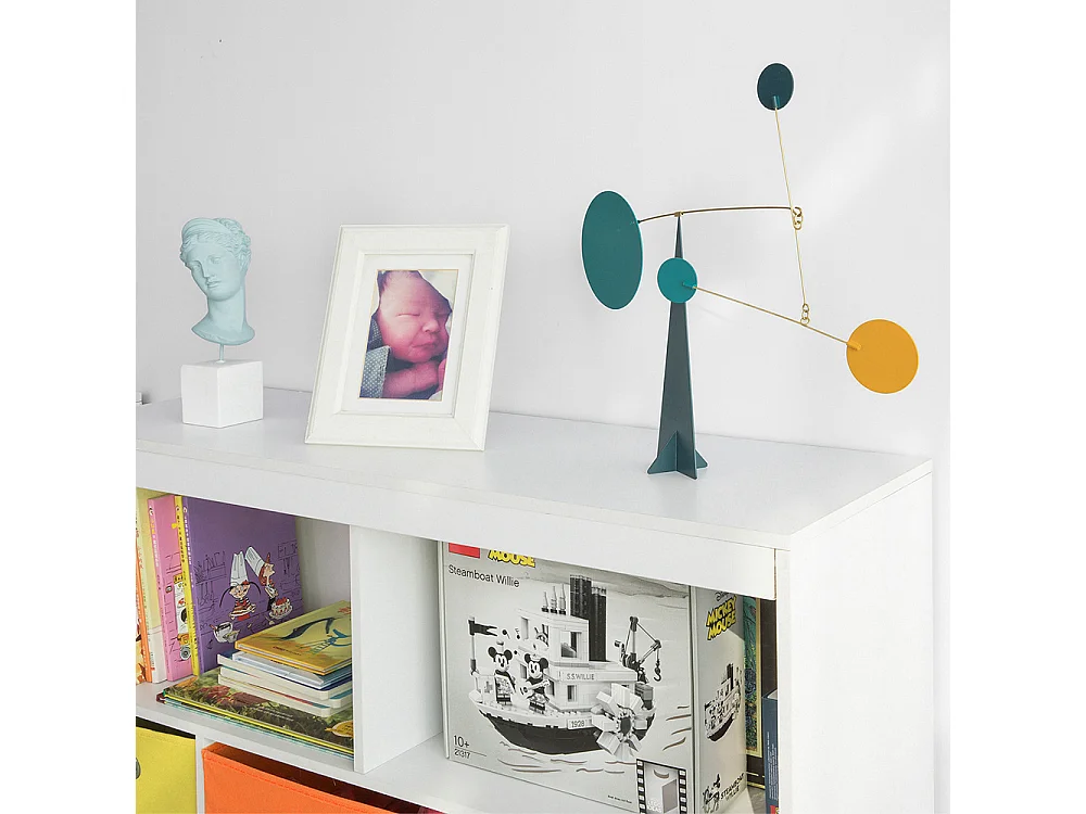 SoBuy KMB26-W Kinderboekenkast Kinderplank met 5 Opbergvakken en 3 Stoffen Dozen Speelgoedplank Ppbergplank voor Kinderen Speelgoed Organizer Wit