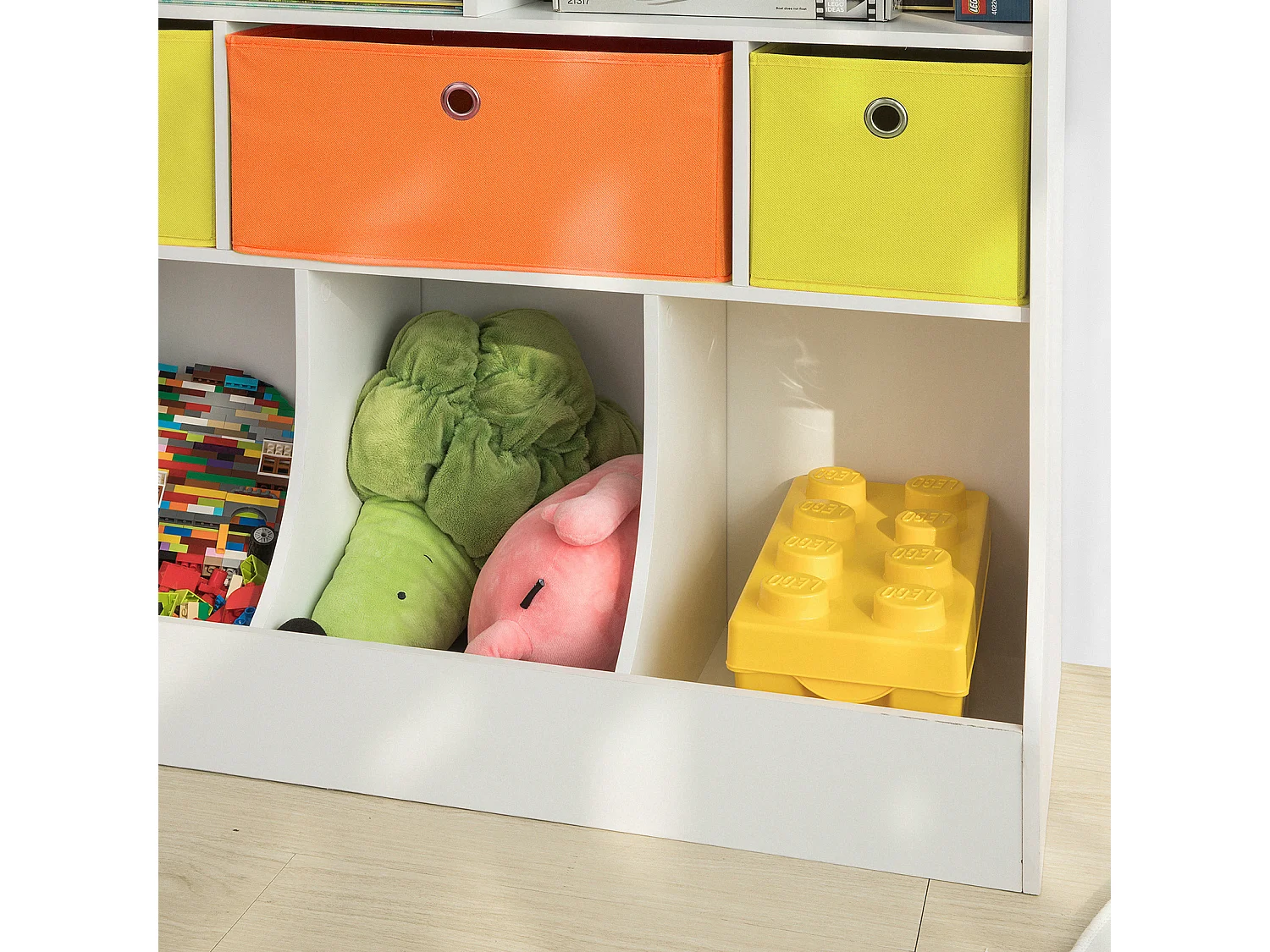 SoBuy KMB26-W Kinderboekenkast Kinderplank met 5 Opbergvakken en 3 Stoffen Dozen Speelgoedplank Ppbergplank voor Kinderen Speelgoed Organizer Wit