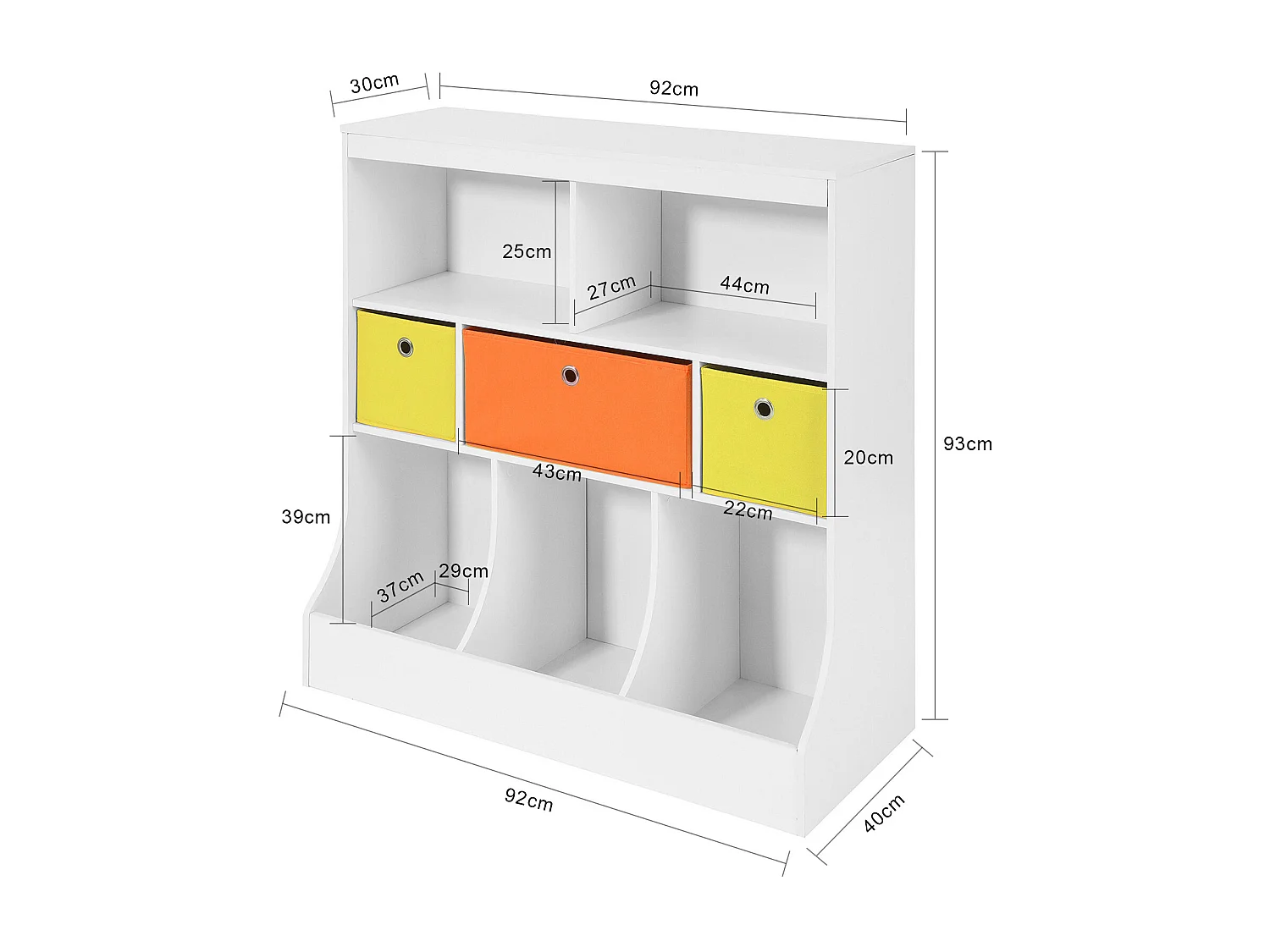 SoBuy KMB26-W Kinderboekenkast Kinderplank met 5 Opbergvakken en 3 Stoffen Dozen Speelgoedplank Ppbergplank voor Kinderen Speelgoed Organizer Wit