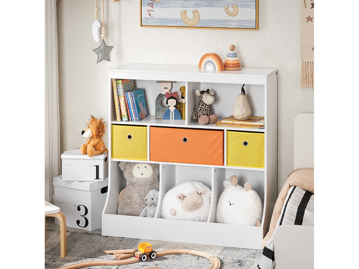 SoBuy KMB26-W Kinderboekenkast Kinderplank met 5 Opbergvakken en 3 Stoffen Dozen Speelgoedplank Ppbergplank voor Kinderen Speelgoed Organizer Wit