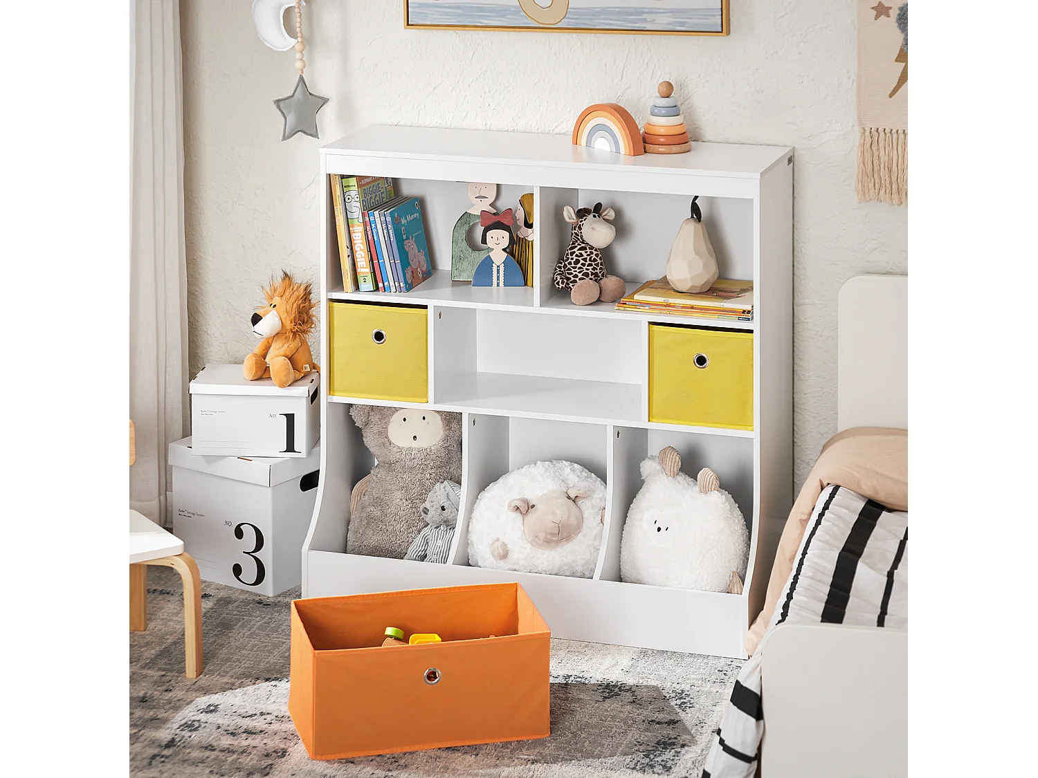 SoBuy KMB26-W Kinderboekenkast Kinderplank met 5 Opbergvakken en 3 Stoffen Dozen Speelgoedplank Ppbergplank voor Kinderen Speelgoed Organizer Wit