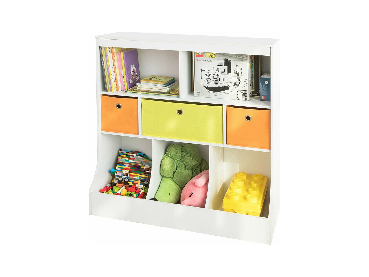 Bibliothèque Enfants  pour Livres et Jouets avec 5 Compartiments et 3 Paniers, KMB26-W