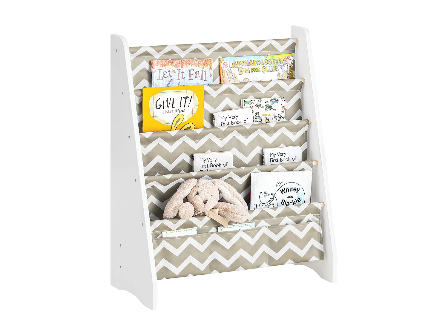 Bibliothèque Étagère à Livres Enfants Meuble Rangement avec 4 Compartiments et 3 Poches, KMB50-HG