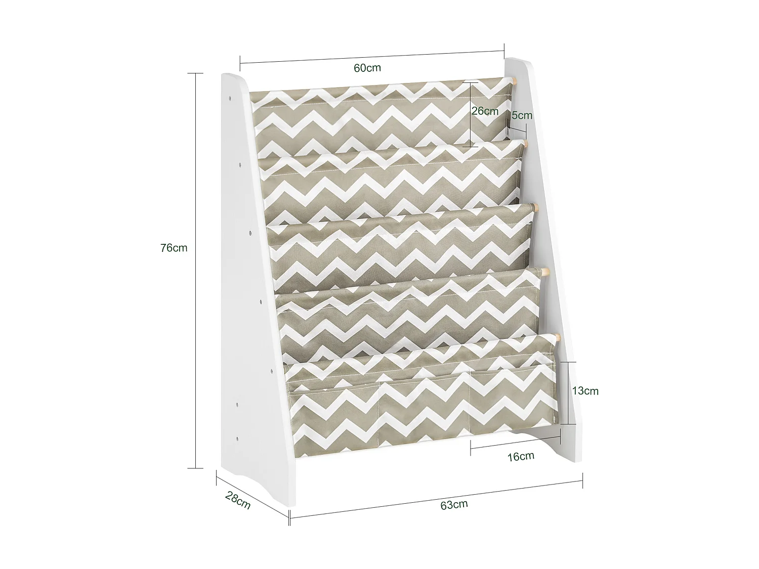 Bibliothèque Étagère à Livres Enfants Meuble Rangement avec 4 Compartiments et 3 Poches, KMB50-HG