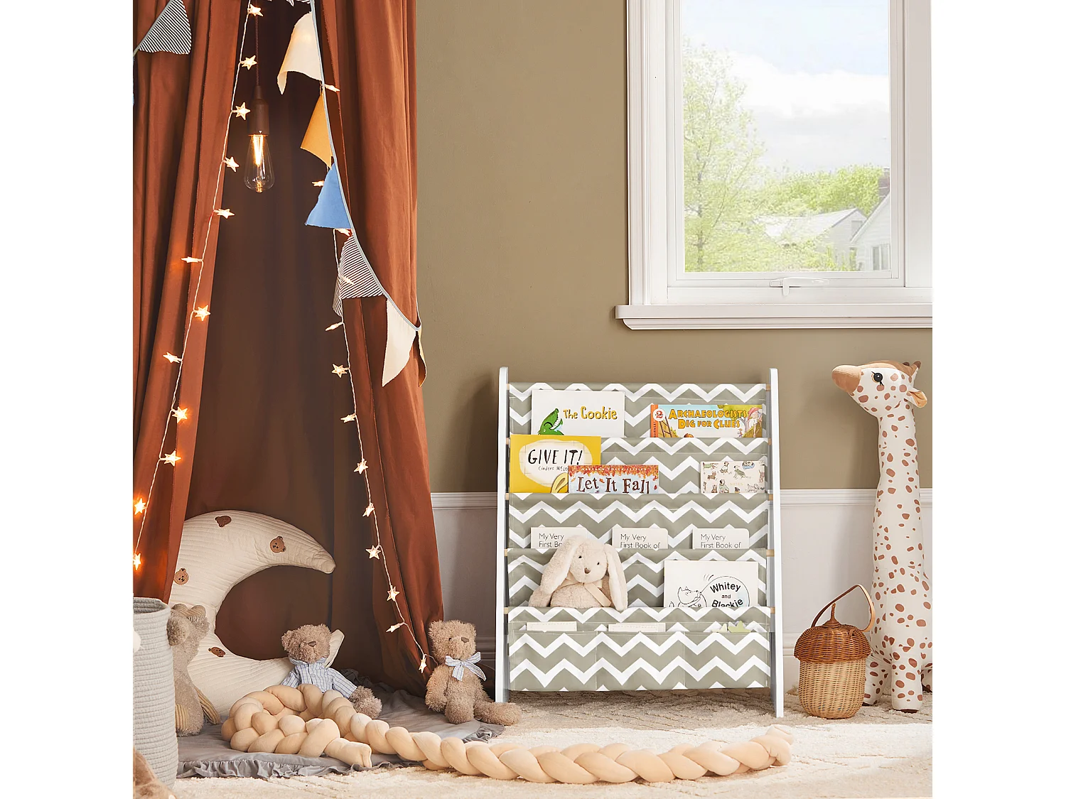 Bibliothèque Étagère à Livres Enfants Meuble Rangement avec 4 Compartiments et 3 Poches, KMB50-HG