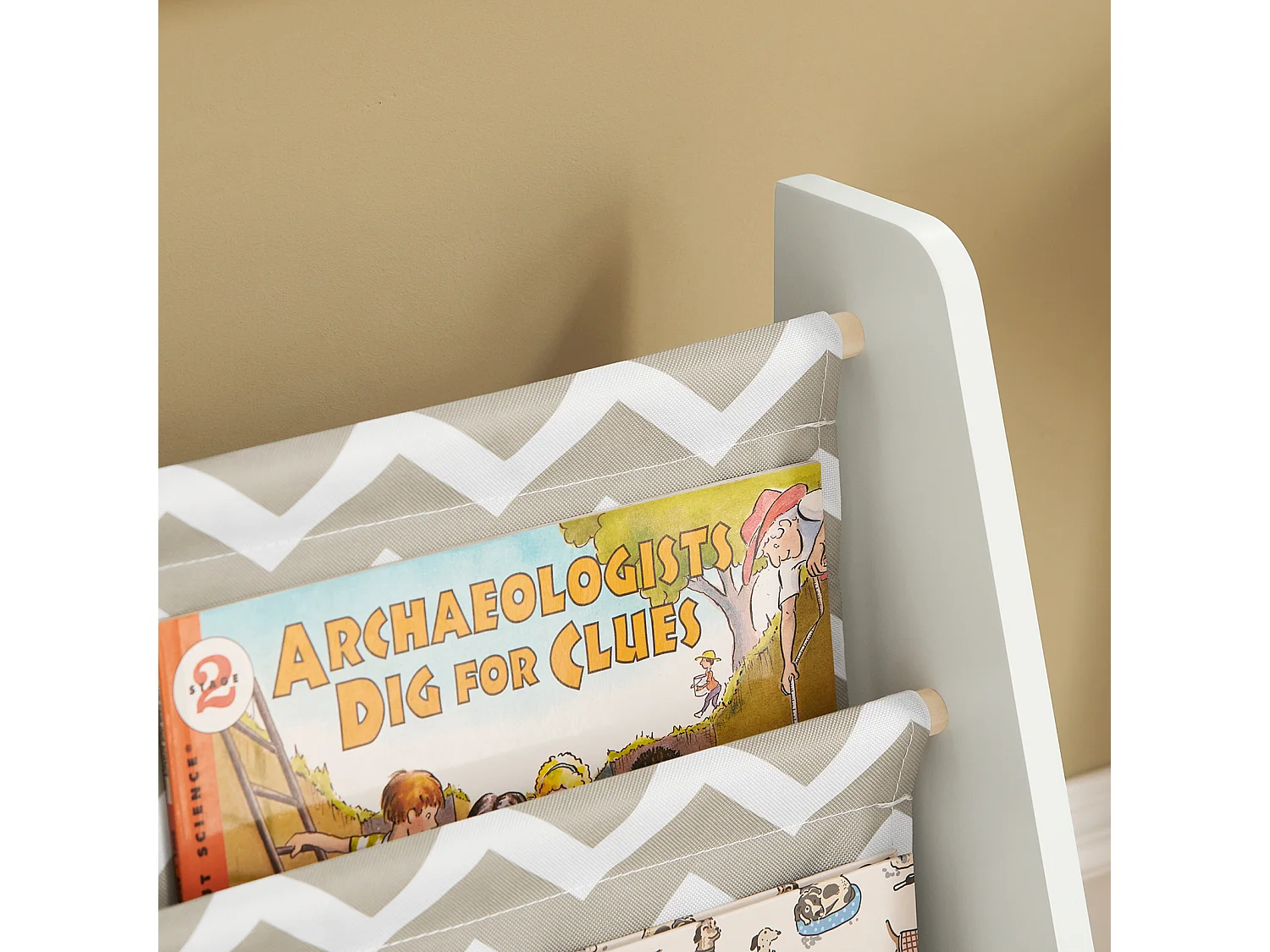 Bibliothèque Étagère à Livres Enfants Meuble Rangement avec 4 Compartiments et 3 Poches, KMB50-HG