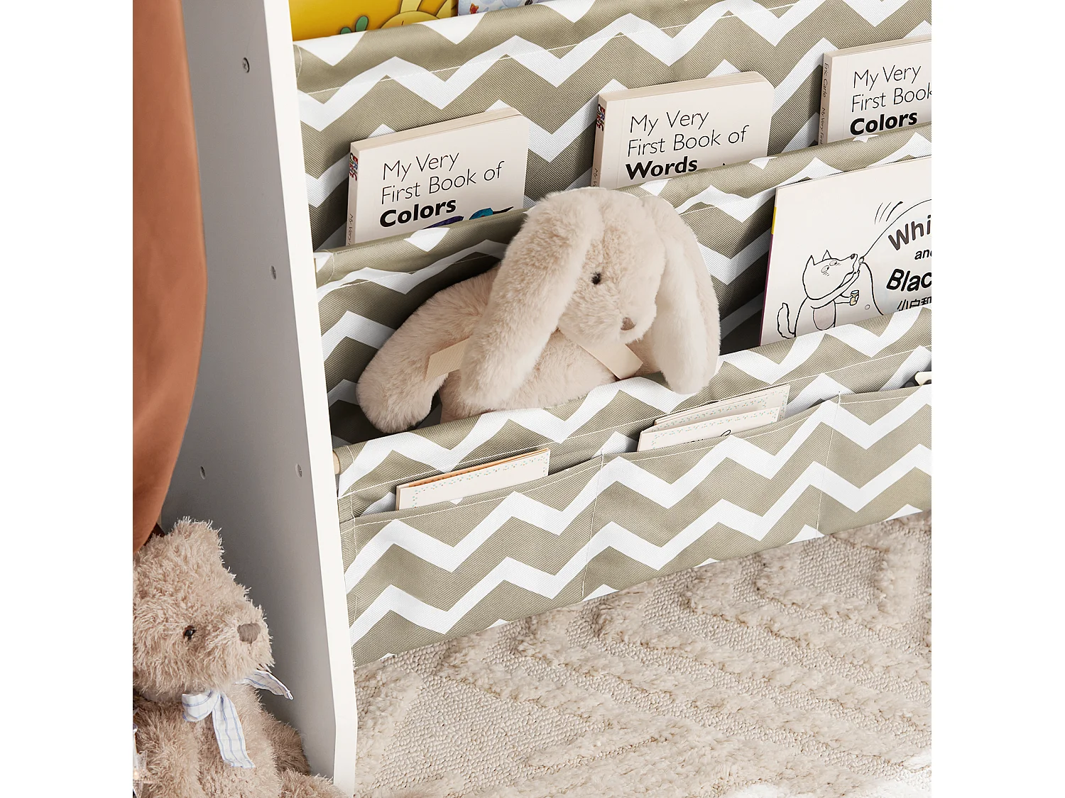 Bibliothèque Étagère à Livres Enfants Meuble Rangement avec 4 Compartiments et 3 Poches, KMB50-HG