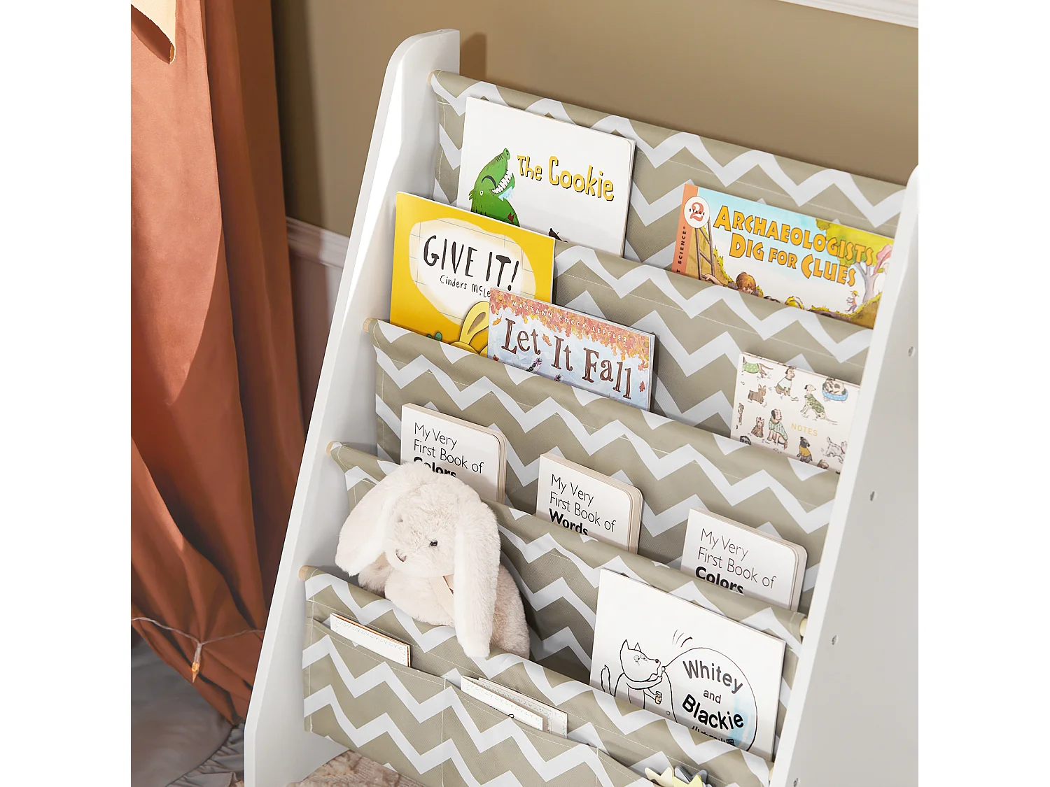 Bibliothèque Étagère à Livres Enfants Meuble Rangement avec 4 Compartiments et 3 Poches, KMB50-HG