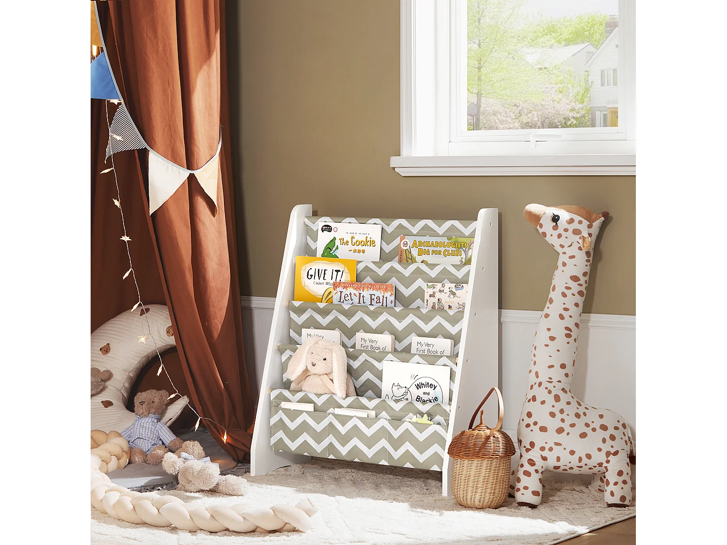 Bibliothèque Étagère à Livres Enfants Meuble Rangement avec 4 Compartiments et 3 Poches, KMB50-HG