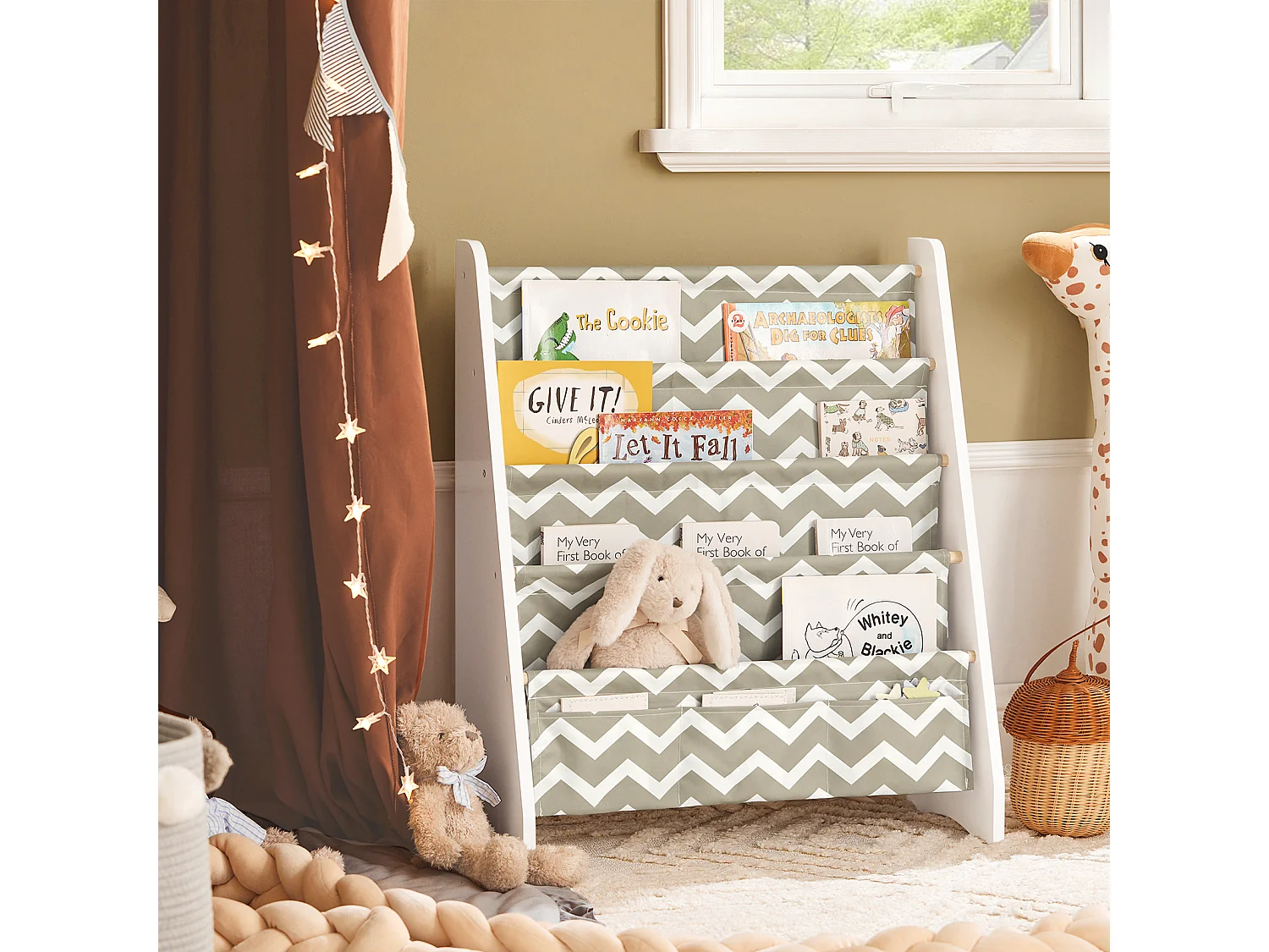 Bibliothèque Étagère à Livres Enfants Meuble Rangement avec 4 Compartiments et 3 Poches, KMB50-HG