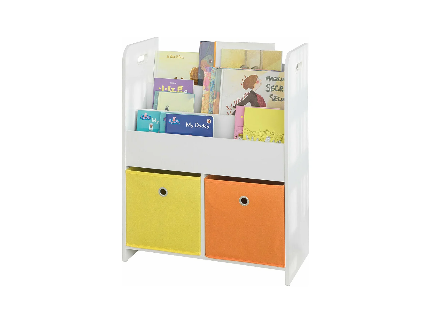Bibliothèque pour Livres et Jouets Enfants avec 3 Compartiments et 2 Paniers Amovibles, KMB27-W