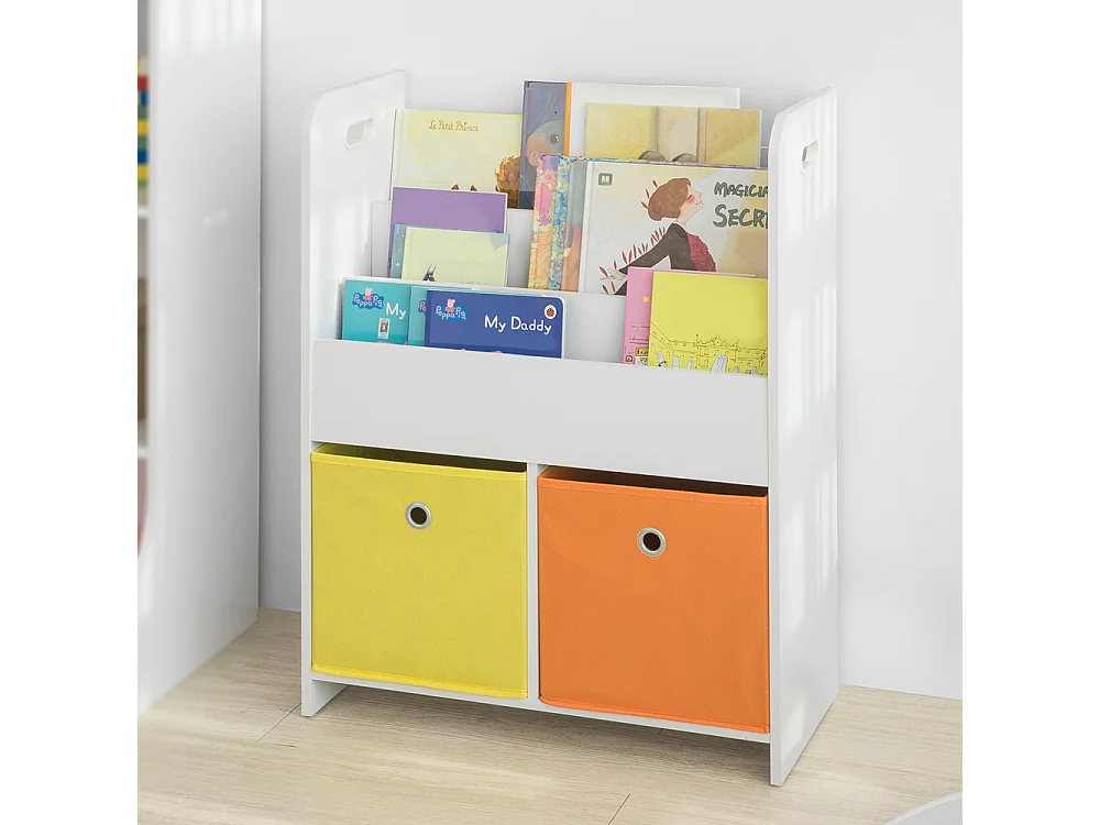 Bibliothèque pour Livres et Jouets Enfants avec 3 Compartiments et 2 Paniers Amovibles, KMB27-W