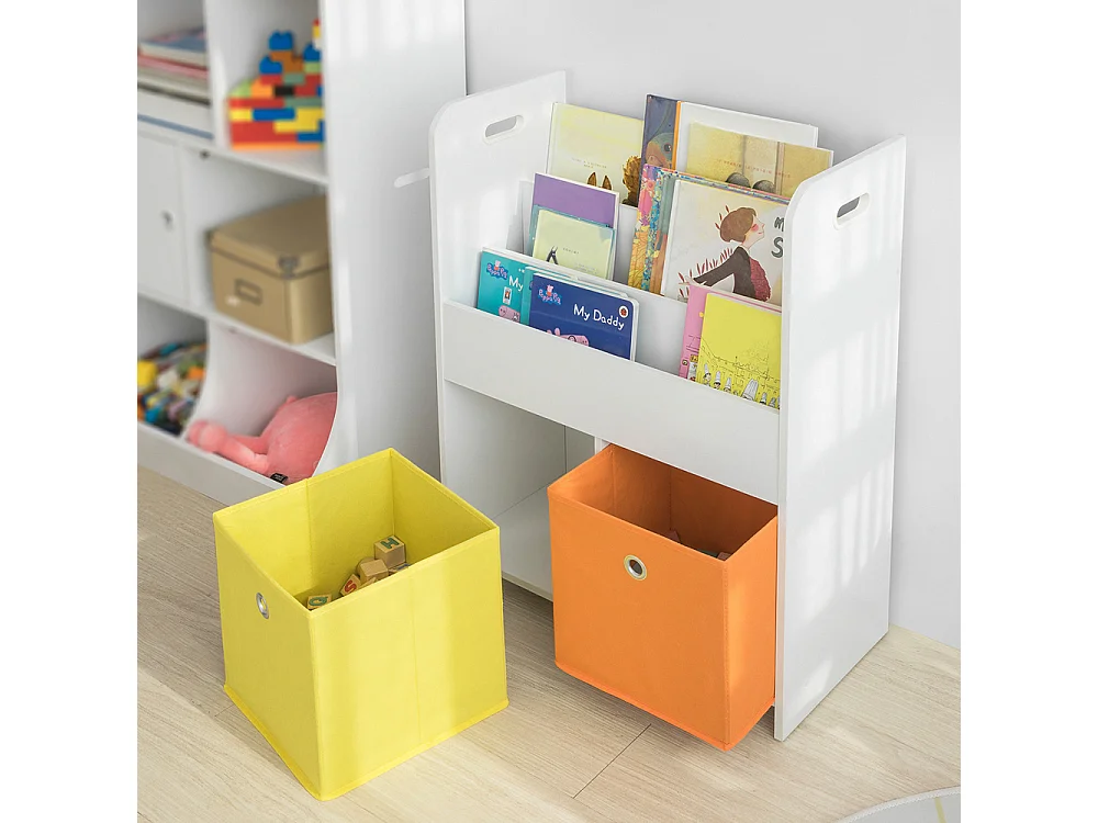 Bibliothèque pour Livres et Jouets Enfants avec 3 Compartiments et 2 Paniers Amovibles, KMB27-W