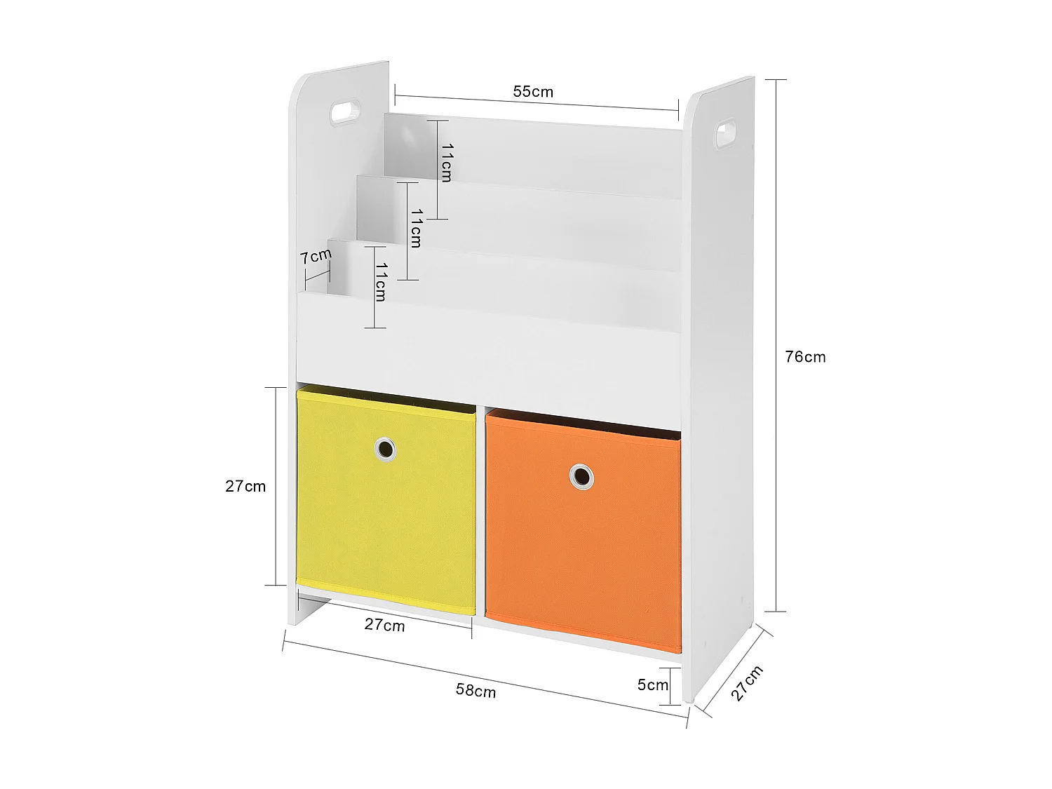 Bibliothèque pour Livres et Jouets Enfants avec 3 Compartiments et 2 Paniers Amovibles, KMB27-W