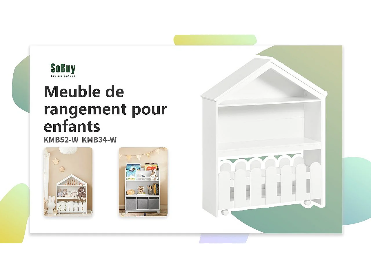 Étagère Enfant Organisateur Jouets et Livres en Forme Maison avec 1 Tiroirs à Roulettes, KMB52-W