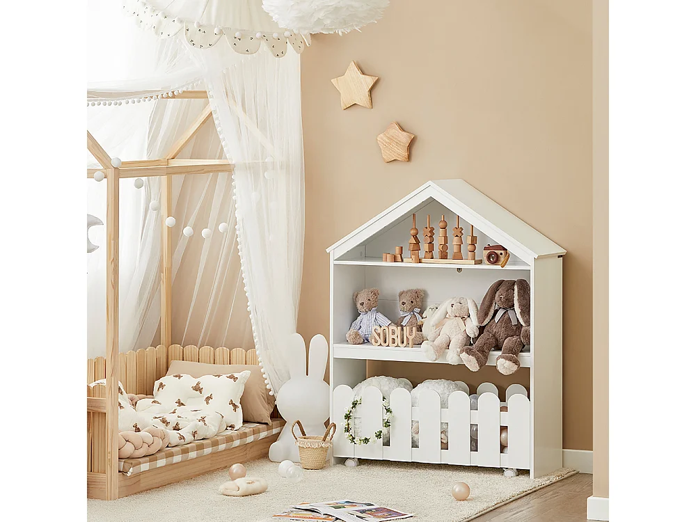 Étagère Enfant Organisateur Jouets et Livres en Forme Maison avec 1 Tiroirs à Roulettes, KMB52-W