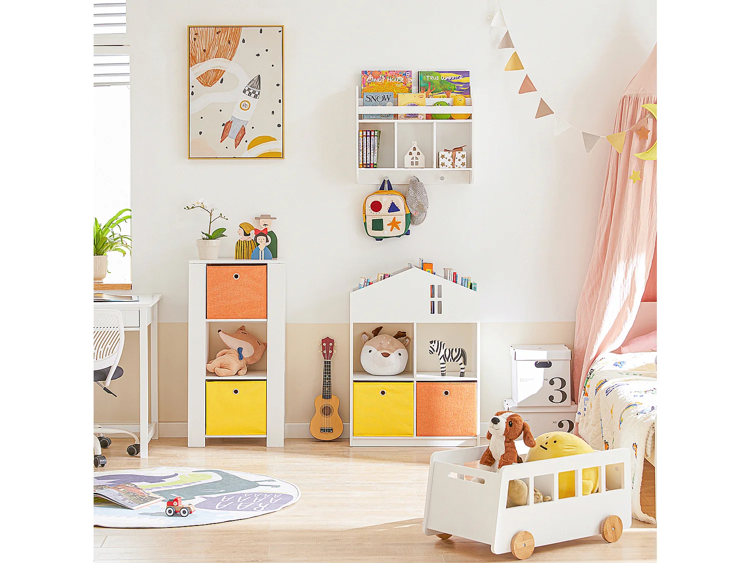 Mini Bibliothèque pour Livres et Jouets pour Enfant, Étagère en Forme de Maison, KMB49-W