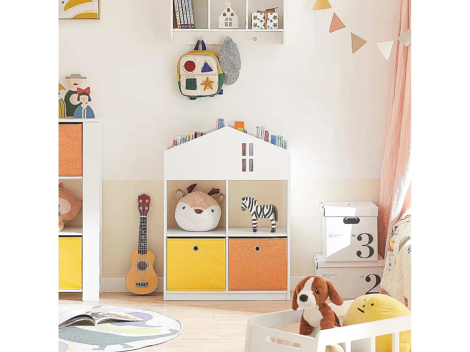 Mini Bibliothèque pour Livres et Jouets pour Enfant, Étagère en Forme de Maison, KMB49-W