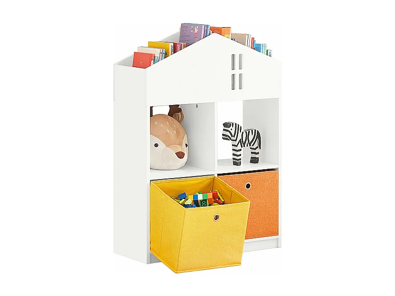 SoBuy KMB49-W Kinderopberger voor Boeken en Speelgoed, Boekenplank voor Kinderen, Mini-Huisvormige Boekenkast voor Kinderkamer, 2 Manden
