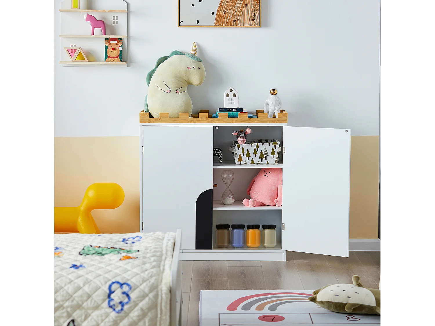 SoBuy KMB44-W Kindercommode Kinderkamerplank met schoolbord Boekenkast Speelgoedplank