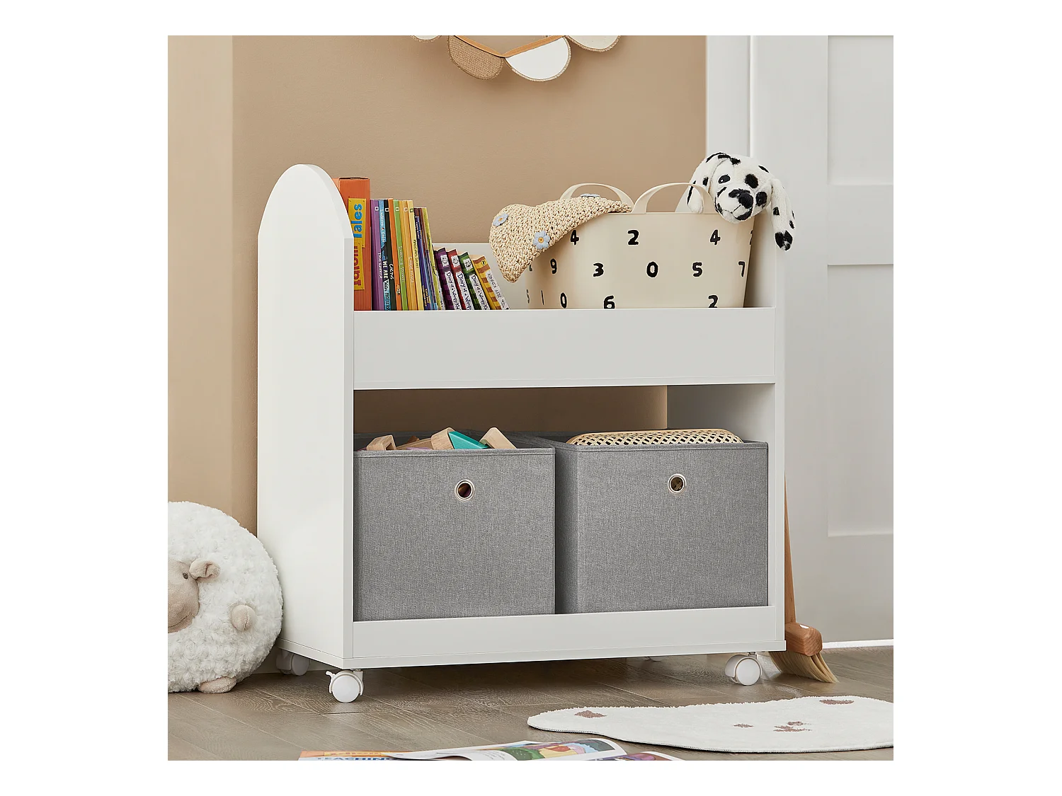 Półka na książki dla dzieci z kółkami i 2 koszami KMB53-W