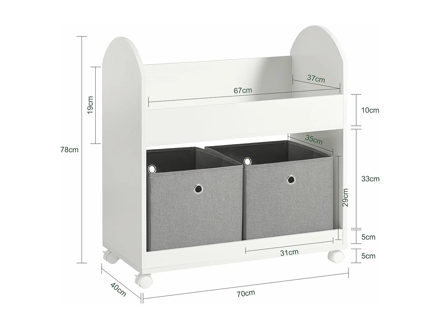 Étagère de Rangement Roulantes Bibliothèque pour Enfants avec 2 Paniers et 4 roulettes, KMB53-W