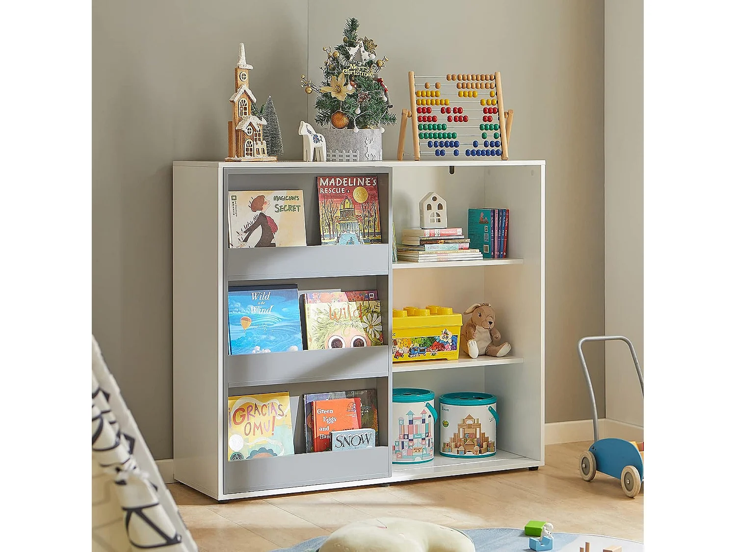 Étagère Enfants Commode pour Chambre d'Enfant avec Porte Coulissante Étagère à Jouets, KMB33-W