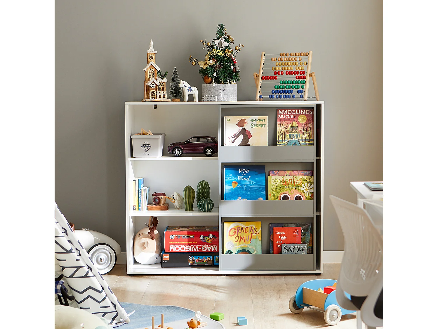 Étagère Enfants Commode pour Chambre d'Enfant avec Porte Coulissante Étagère à Jouets, KMB33-W