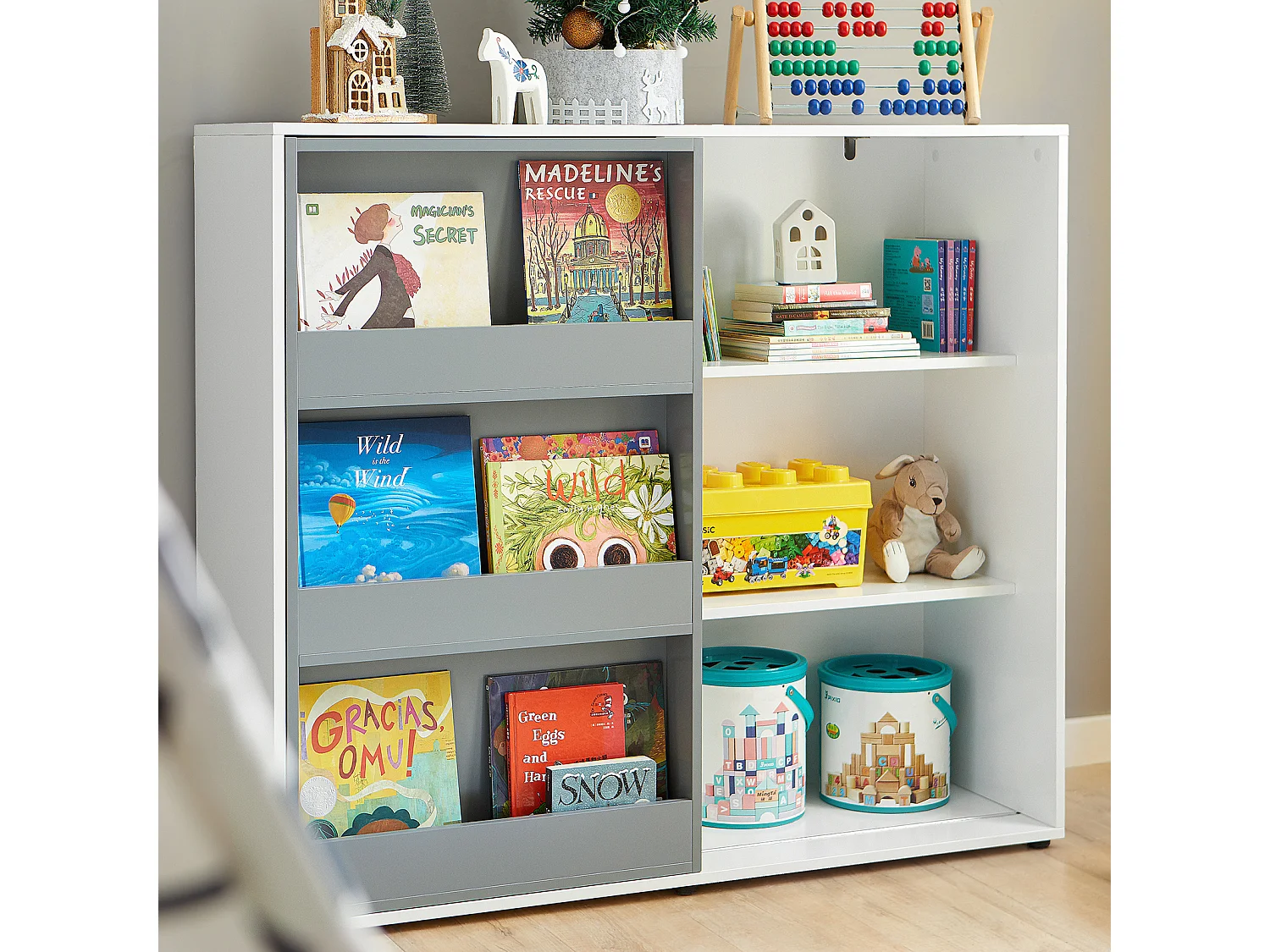 Étagère Enfants Commode pour Chambre d'Enfant avec Porte Coulissante Étagère à Jouets, KMB33-W