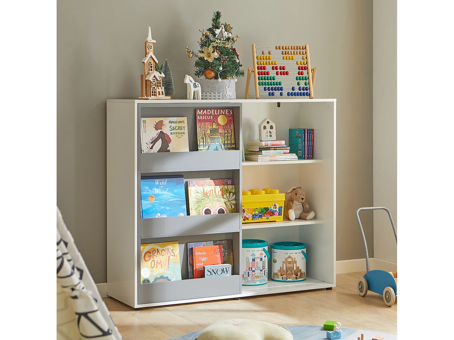 Étagère Enfants Commode pour Chambre d'Enfant avec Porte Coulissante Étagère à Jouets, KMB33-W