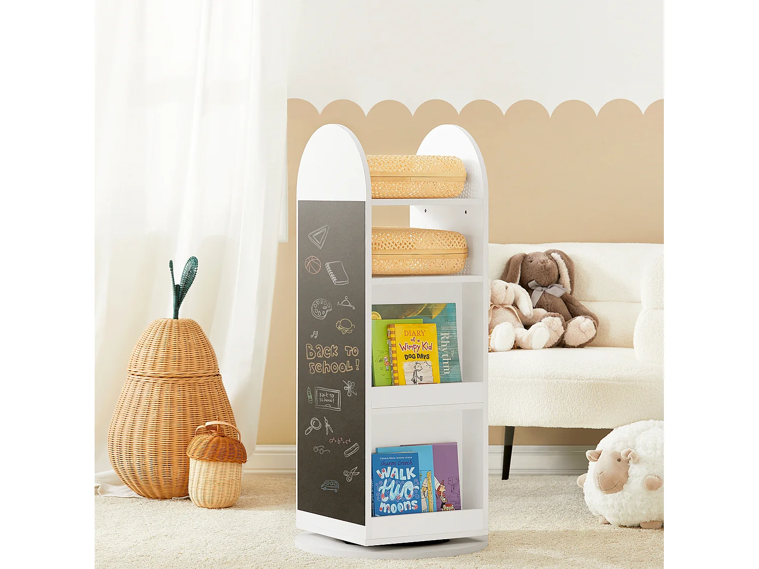 Bibliothèque Enfant Rotative à 360 Rangement pour Livres et Jouets avecTableau Noir, KMB64-W