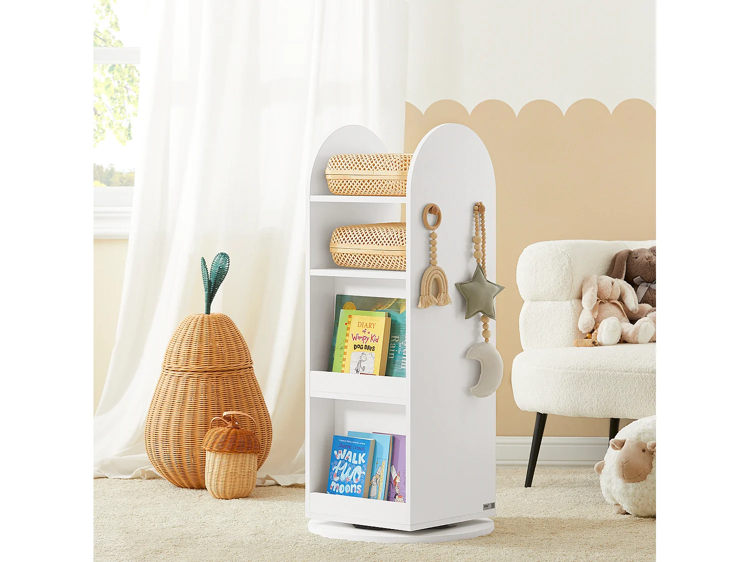 Bibliothèque Enfant Rotative à 360 Rangement pour Livres et Jouets avecTableau Noir, KMB64-W