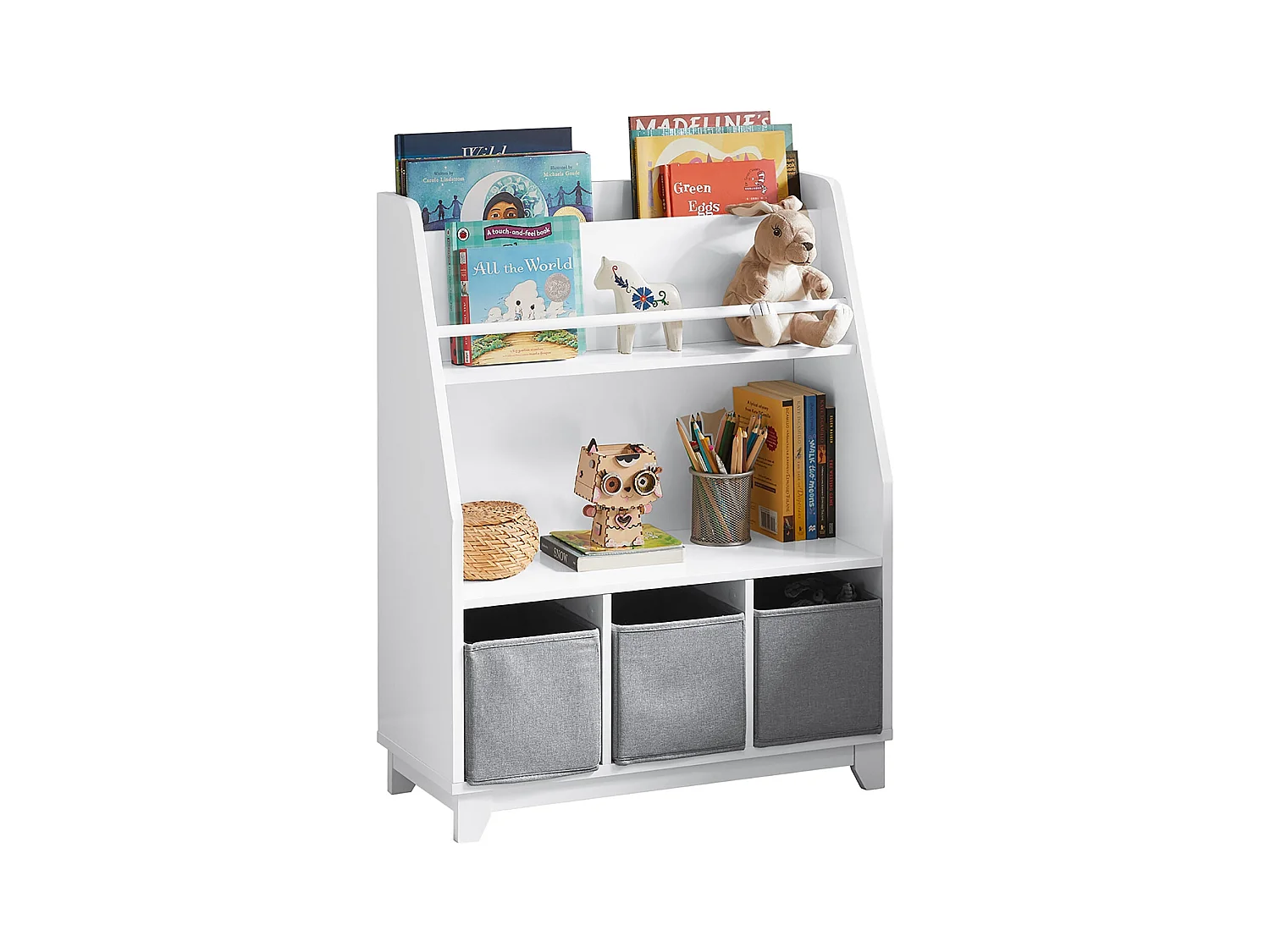 Bibliothèque Rangement Jouets pour Enfants avec Compartiments de rangement et 3 Paniers, KMB34-W