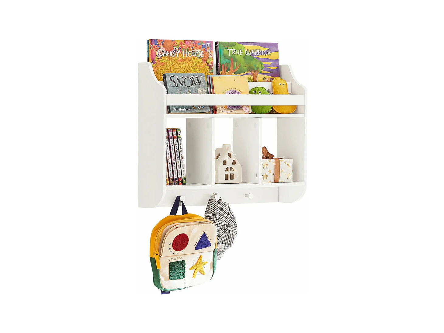Bibliothèque Murale Étagère de Rangement pour Enfants avec 3 Compartiments et 3 crochets, KMB46-W