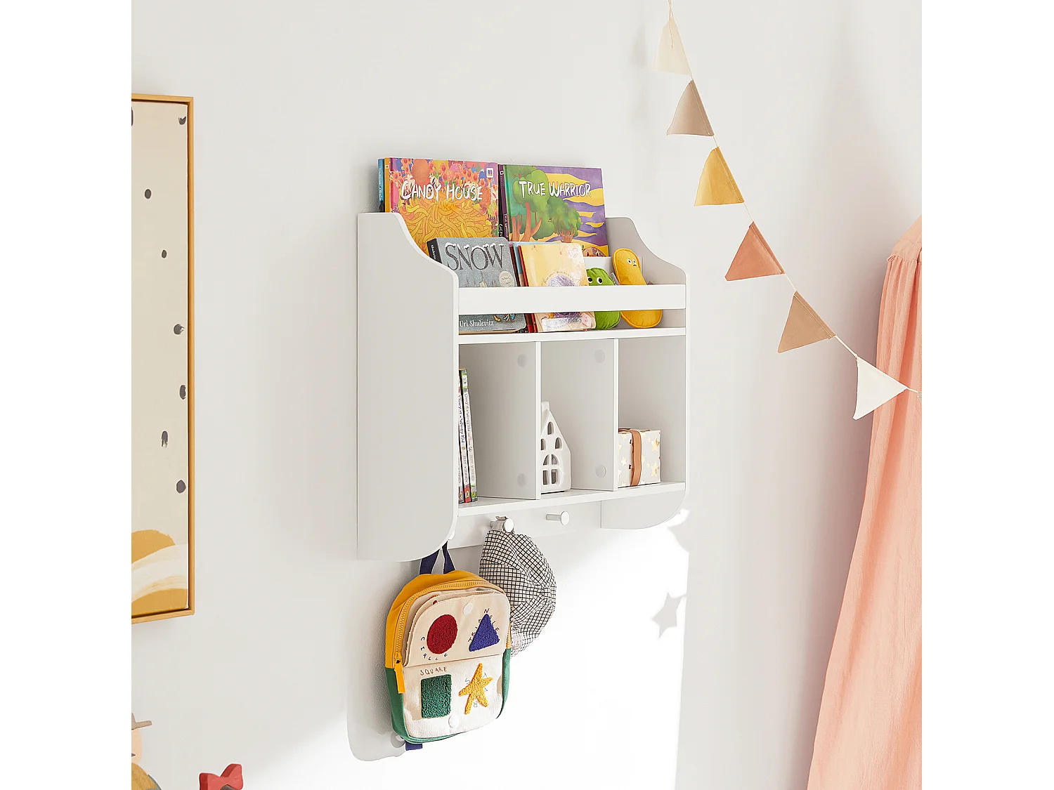 Bibliothèque Murale Étagère de Rangement pour Enfants avec 3 Compartiments et 3 crochets, KMB46-W