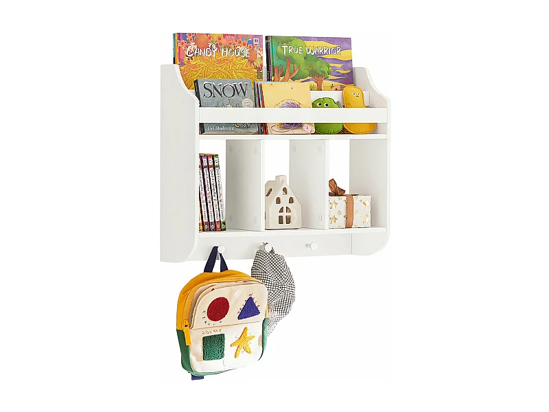 Bibliothèque Murale Étagère de Rangement pour Enfants avec 3 Compartiments et 3 crochets, KMB46-W