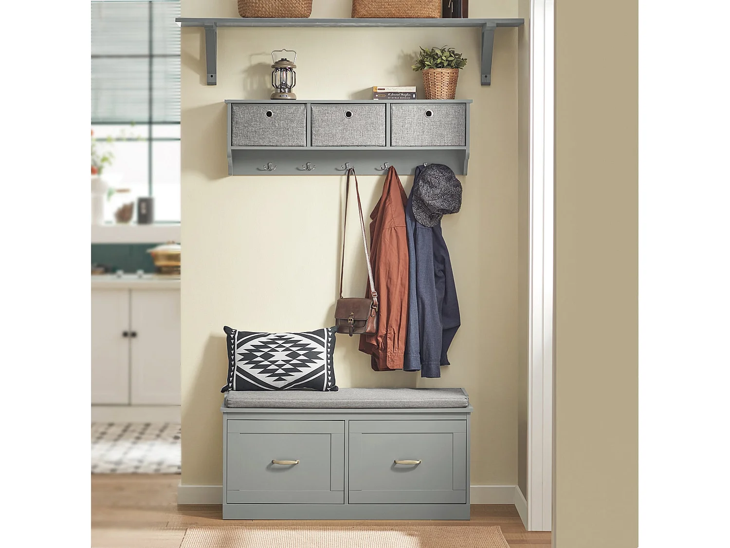Portemanteau Mural Étagère 3 Tiroirs Meuble d’entrée Penderie mural – Gris, FRG282-HG