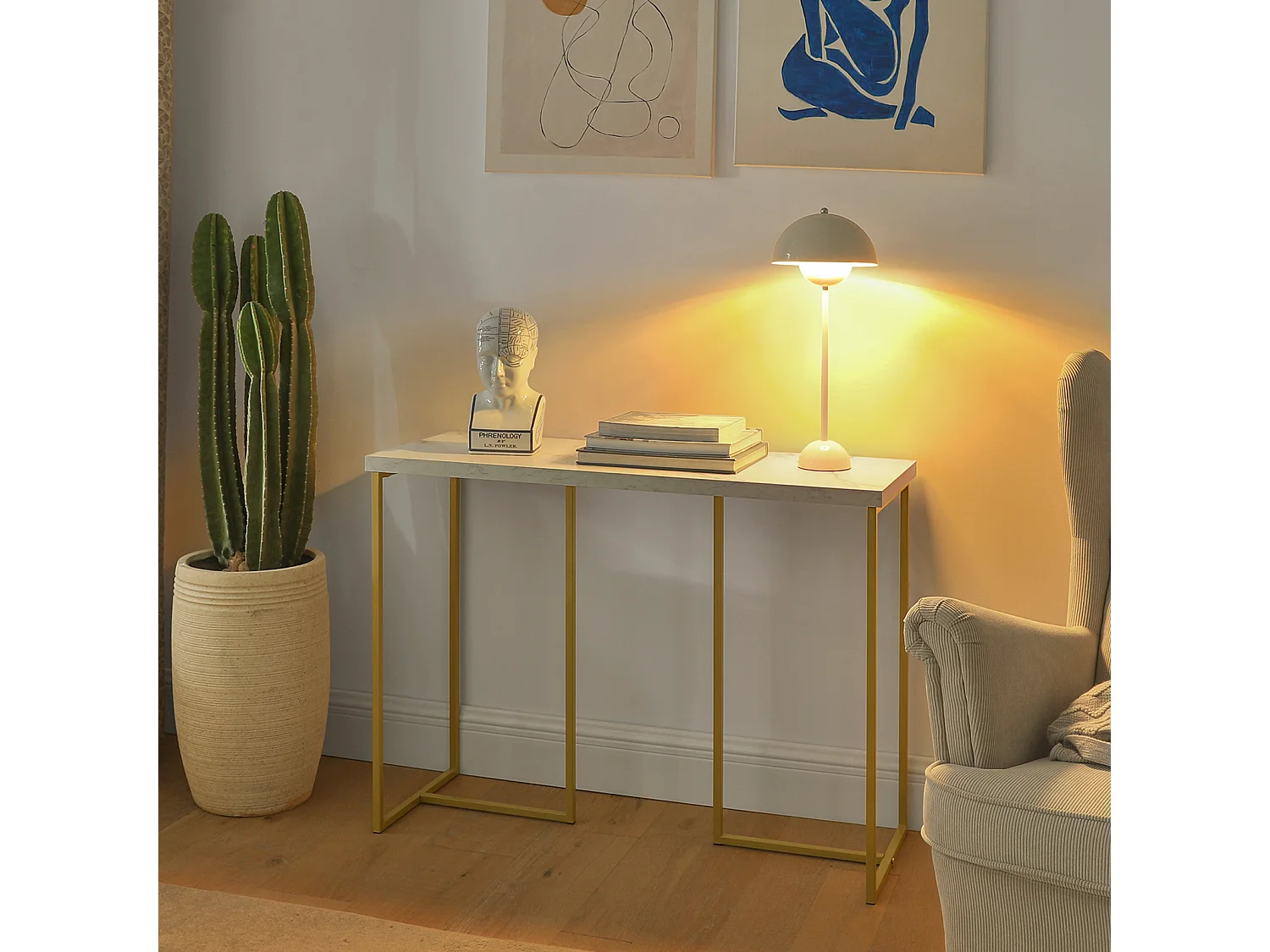 Table Console Table d'Appoint Bout de Canapé Table d’Entrée Effet Marbre Cadre en Fer, FSB58-G