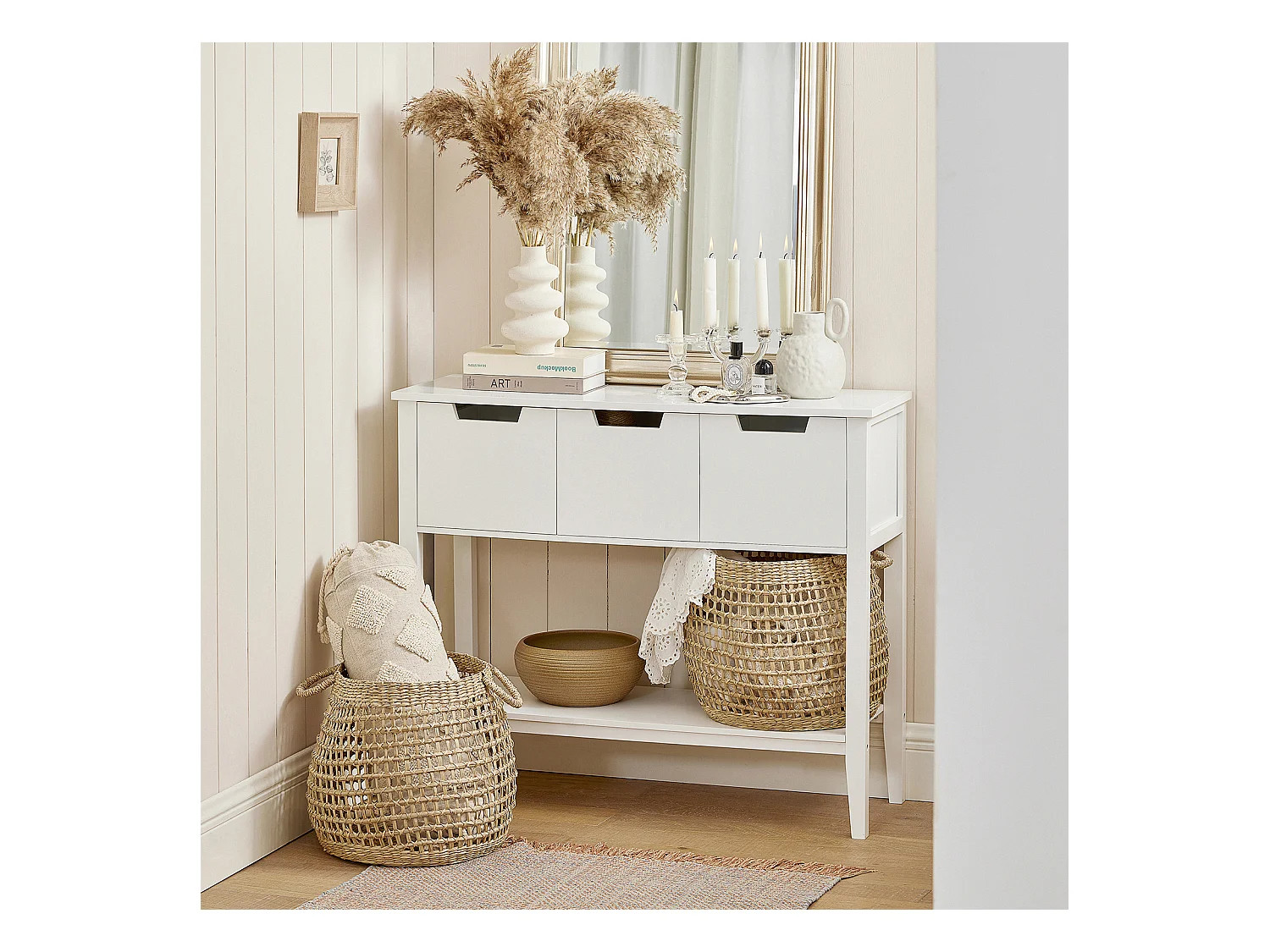 Table Console, Table d’Entrée, Bout de Canapé avec 3 tiroirs et 1 étagère, FSB51-W