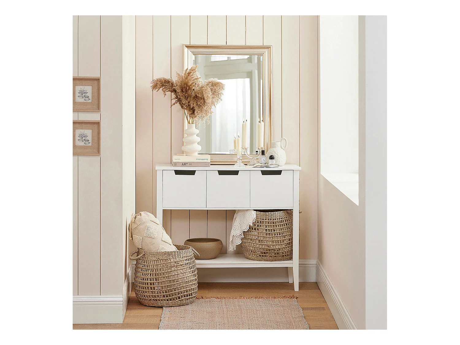 Table Console, Table d’Entrée, Bout de Canapé avec 3 tiroirs et 1 étagère, FSB51-W