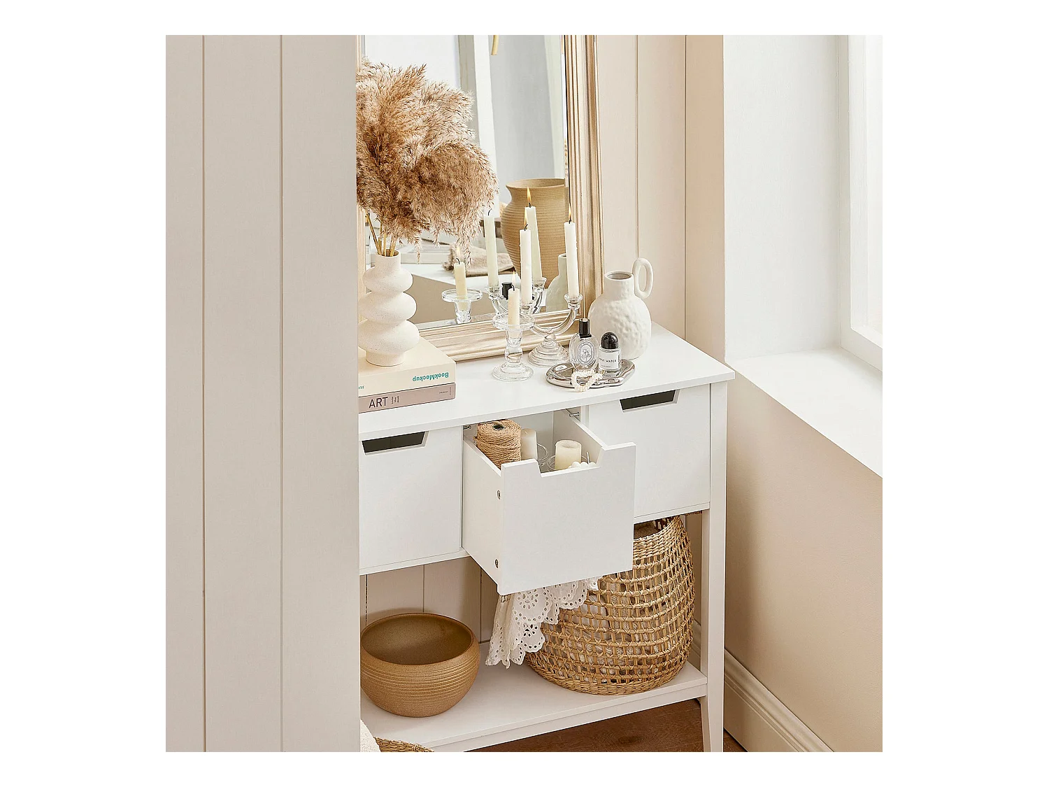 Table Console, Table d’Entrée, Bout de Canapé avec 3 tiroirs et 1 étagère, FSB51-W