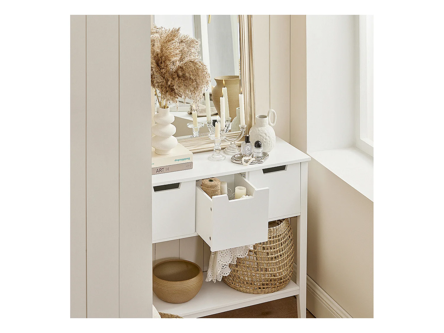 Table Console, Table d’Entrée, Bout de Canapé avec 3 tiroirs et 1 étagère, FSB51-W