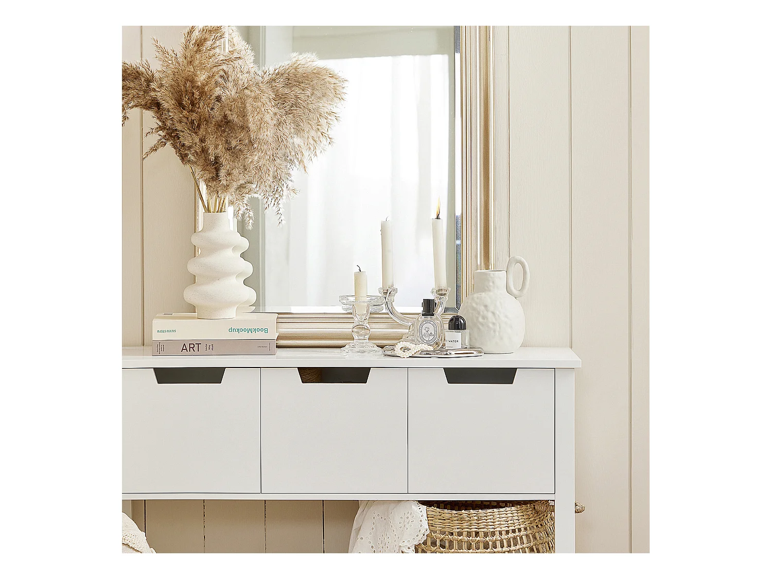 Table Console, Table d’Entrée, Bout de Canapé avec 3 tiroirs et 1 étagère, FSB51-W